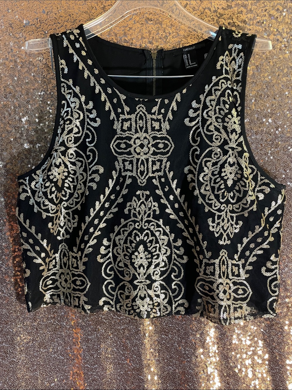 Forever 21 Black Crop Top with Gold Sequin Embellishment sz Medium